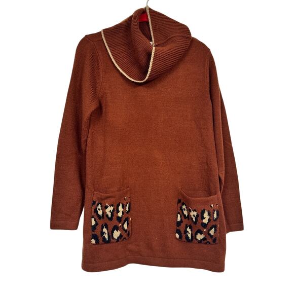 Logo Lori Goldstein Brown Animal Print Trim Cowl Neck Tunic Sweater Womens S - Picture 1 of 9